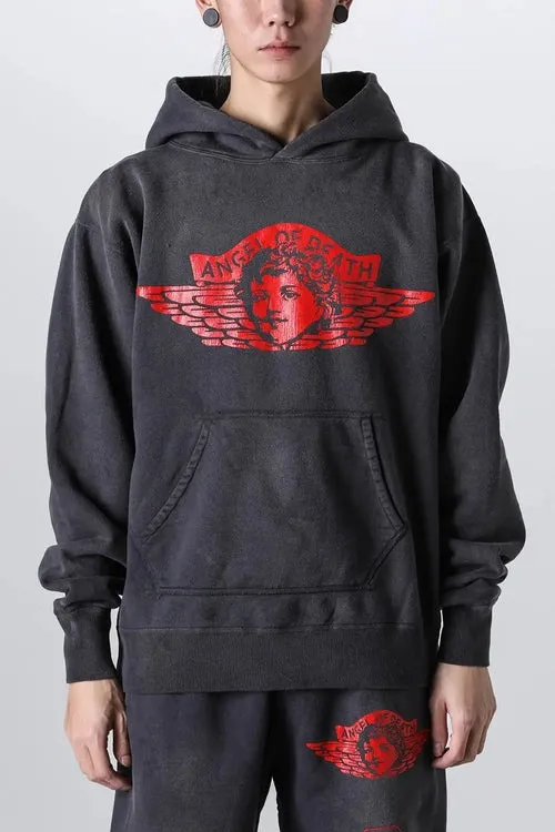 SAINT Mxxxxxx ANGEL HOODIE/BLK Angel Rebirth Crack Printed Retro Distressed Hoodie Assute dyeing, full-length spray-on fade, heavy fermentation wash, NEW VINTAGE texture, factory four-needle and six-thread workmanship, boneless patchwork, more comfortable to wear, genuine level crack print/accessories restored